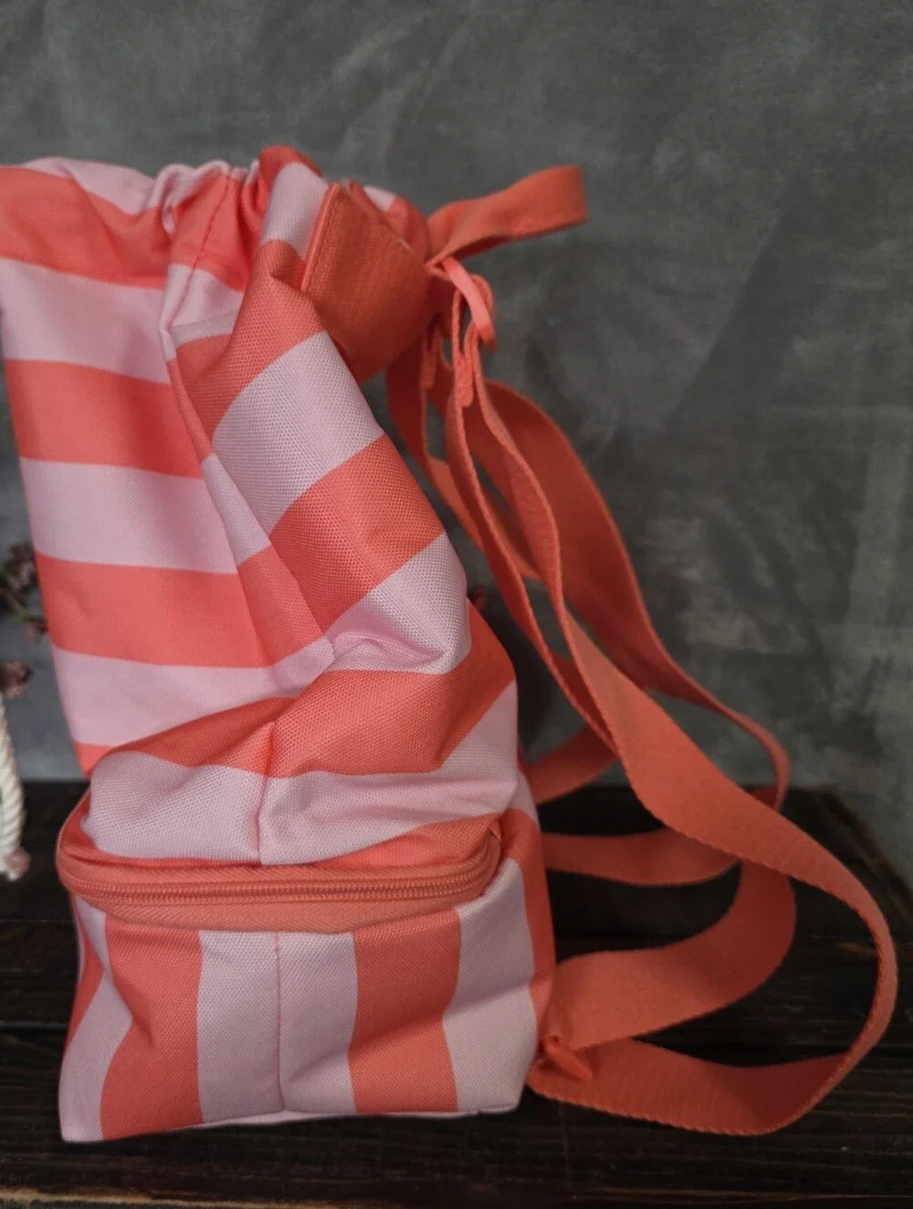 Victoria's Secret Pink Striped Cooler Backpack Drawstring Bag Beach Gym or Work
